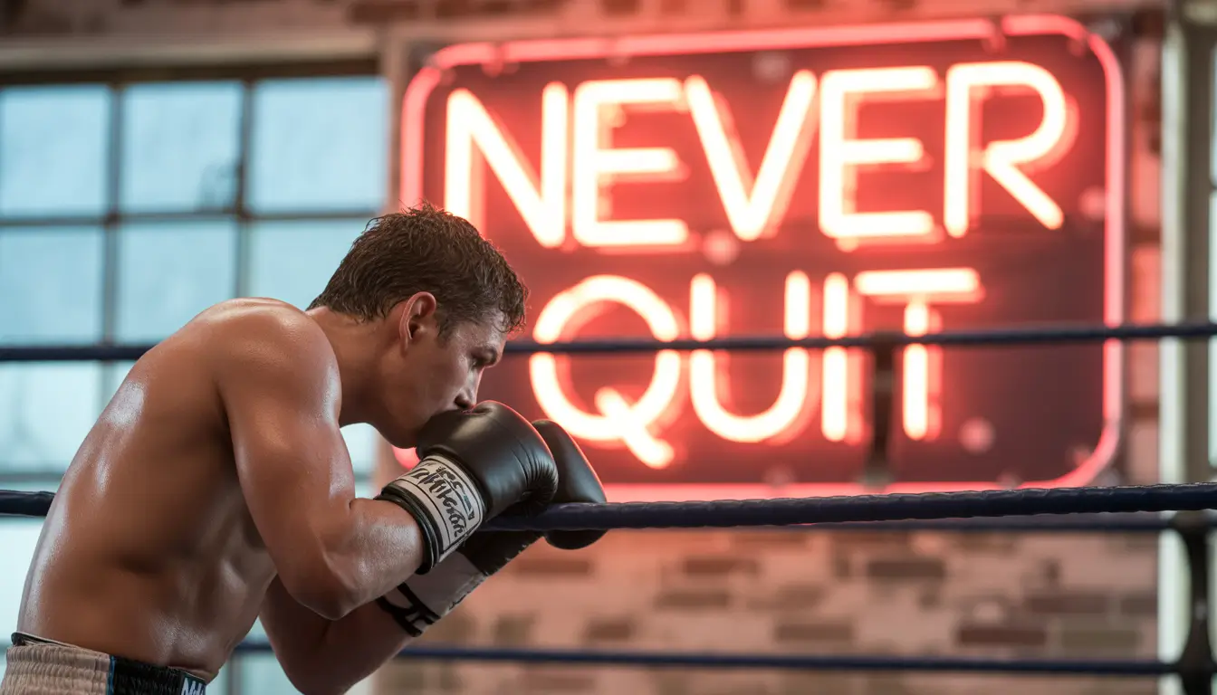 Boxer resting in ring with Never Quit neon sign — gym-motivation-wallpaper for resilience and fighting spirit