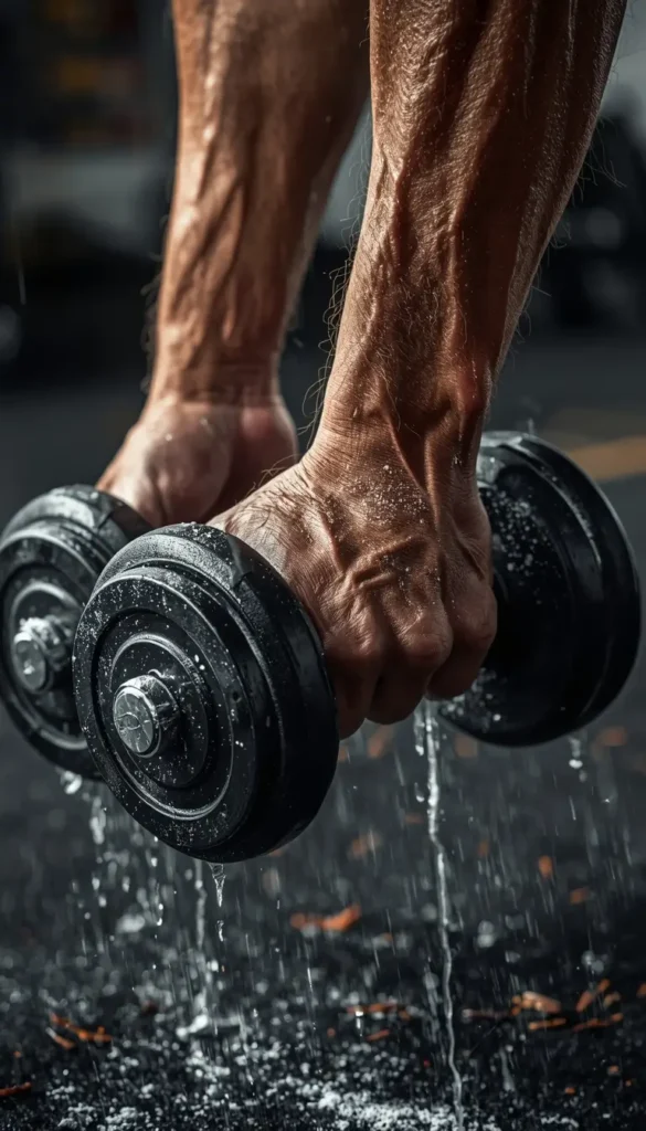 gym-motivation-wallpaper close-up of strong veiny hands lifting heavy dumbbells with chalk, sweat, and water drops in gym