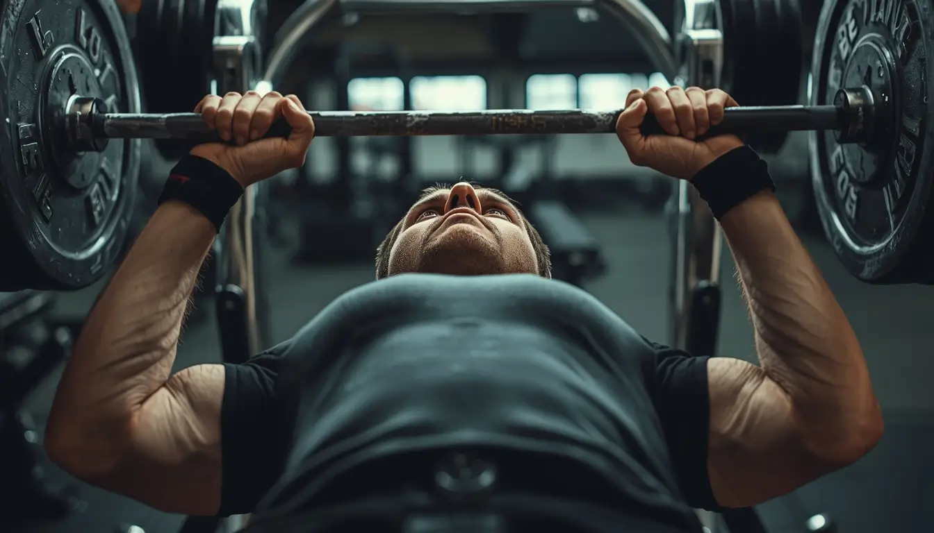Athlete performing heavy bench press in gym, powerful gym-motivation-wallpaper showing strength, focus, and intense workout energy