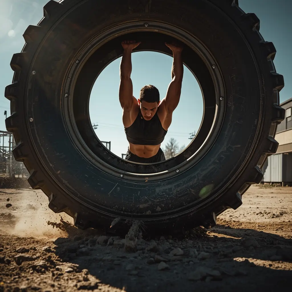 Athlete flipping giant training tire outdoors, powerful gym-motivation-wallpaper showing strength, endurance, and intense functional workout