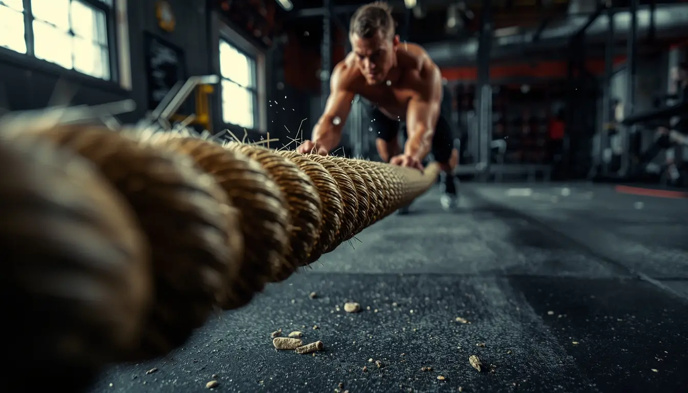 Athlete performing battle rope exercise in gym, gym-motivation-wallpaper showing explosive strength, endurance, and intense training energy