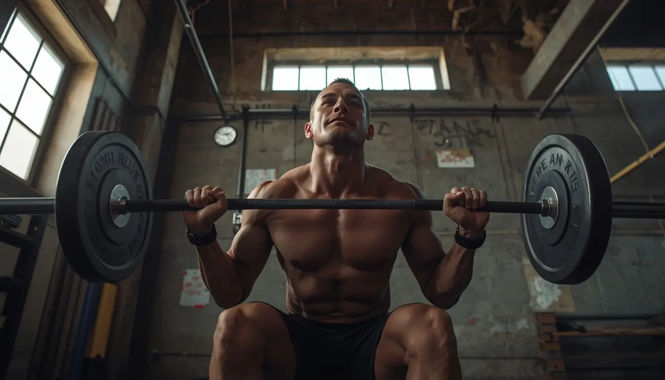 Muscular athlete lifting heavy barbell in gritty gym interior — gym-motivation-wallpaper for fitness inspiration