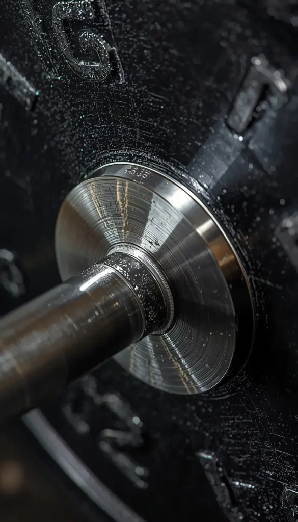 Close-up of heavy barbell plate on steel bar with water droplets — gym-motivation-wallpaper for intense fitness inspiration