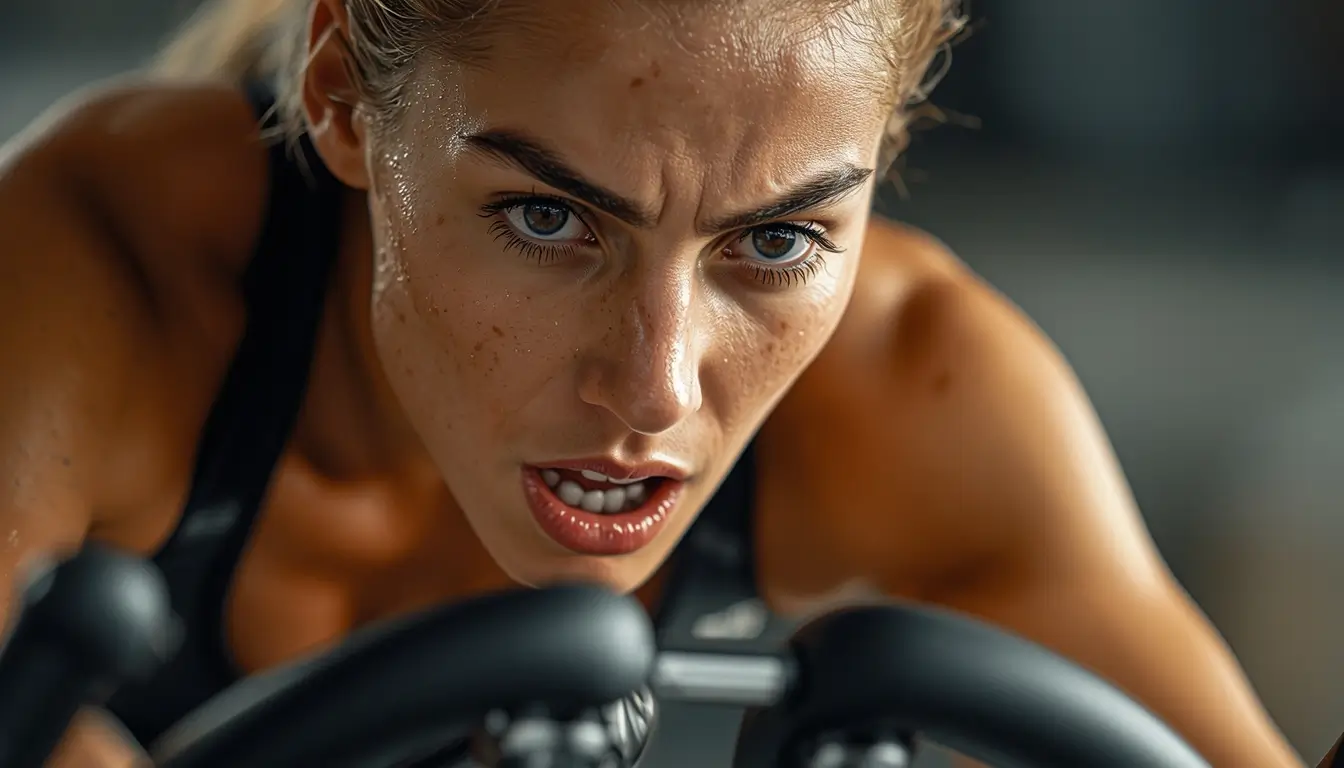 Close-up of determined female athlete sprinting intensely with sweat — gym-motivation-wallpaper for cardio training inspiration