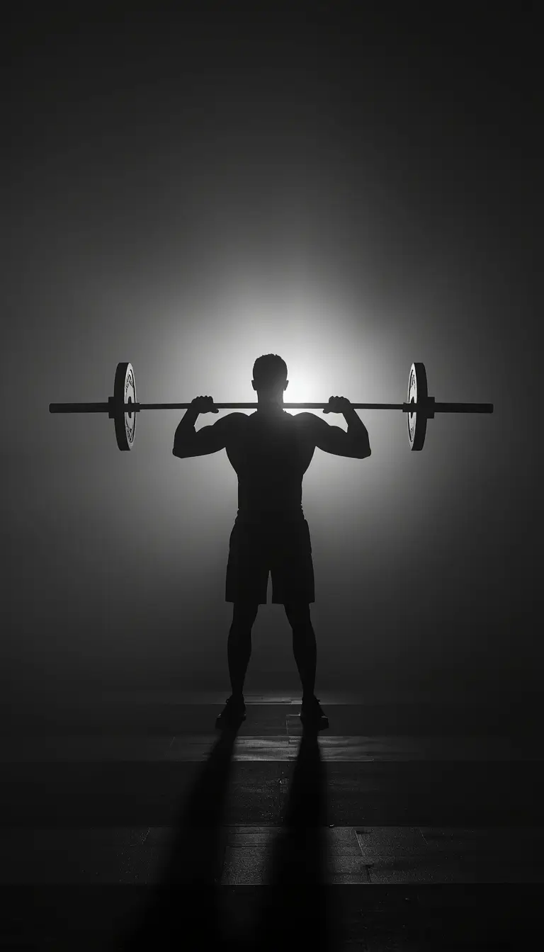 gym-motivation-wallpaper with strong athlete silhouette lifting barbell in dark gym background with dramatic light