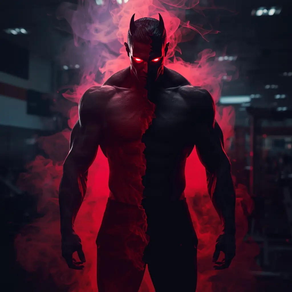 gym-motivational-wallpaper muscular athlete in beast mode with red glowing eyes and smoke in dark gym background