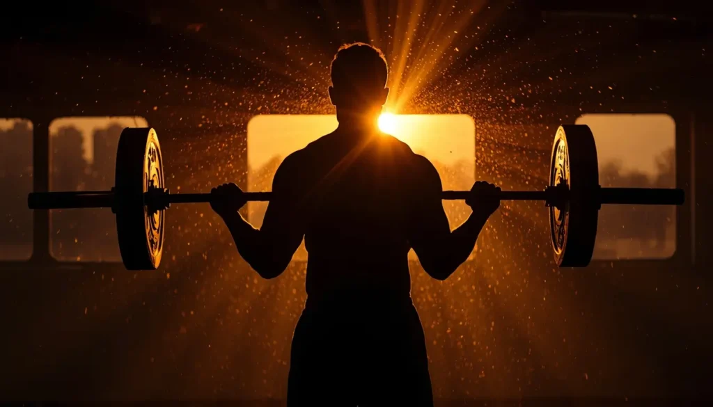 gym-motivational-wallpaper of athlete silhouette lifting barbell at sunrise with golden light rays in gym background