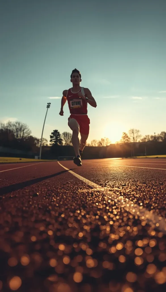 Track athlete sprinting at sunrise, dynamic gym-motivational-wallpaper showing speed, endurance, and determination on outdoor running track