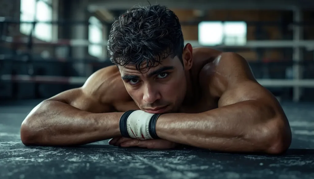 Exhausted boxer resting on gym floor after training, gym-motivational-wallpaper showing sweat, resilience, and intense fighting spirit