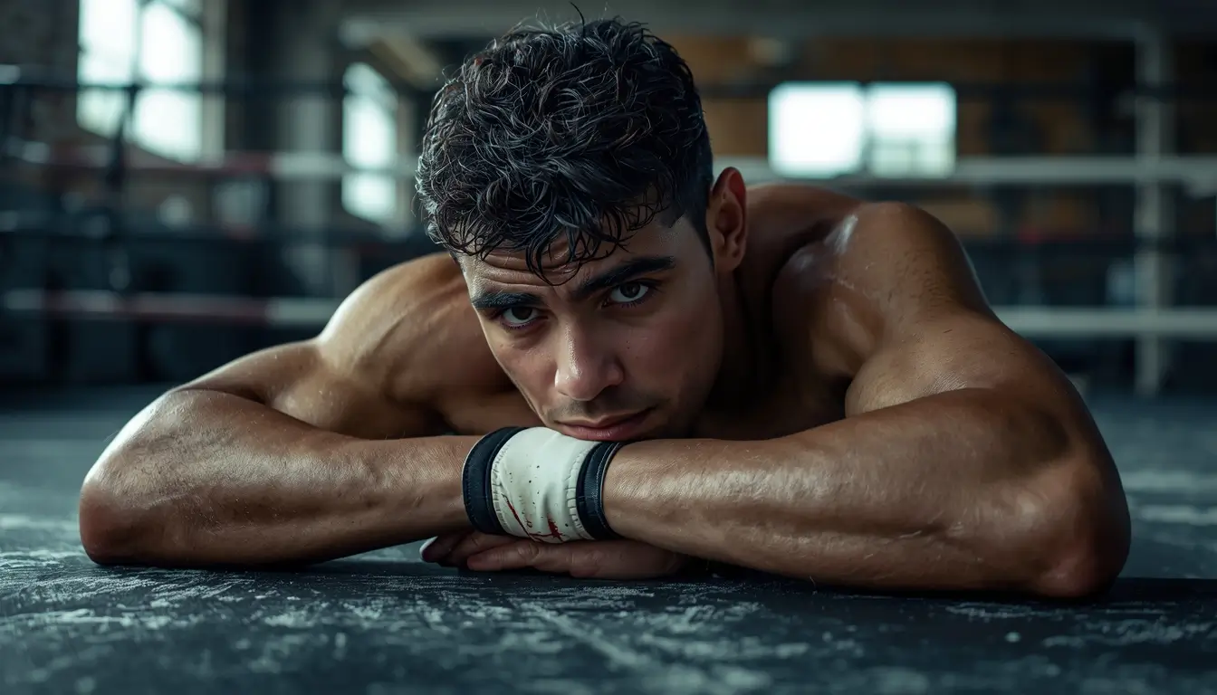 Exhausted boxer resting on gym floor after training, gym-motivational-wallpaper showing sweat, resilience, and intense fighting spirit