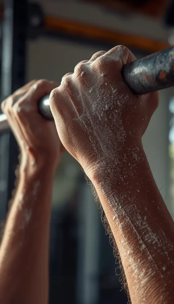 Chalk-covered hands gripping pull-up bar, gym-motivational-wallpaper showing strength, focus, and intense upper-body training moment