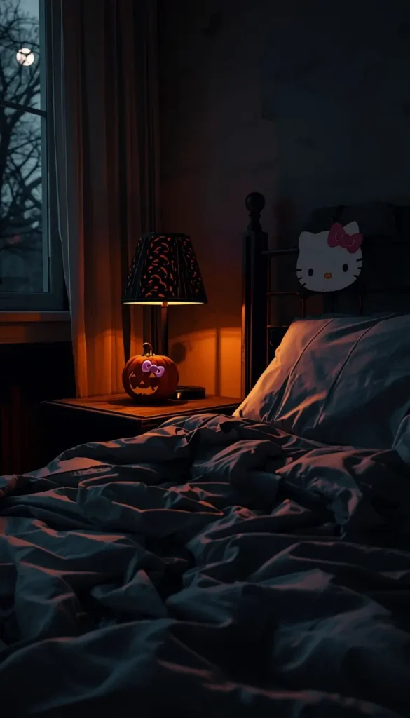 halloween-hello-kitty-wallpaper showing a dark bedroom with glowing pumpkin lamp, moonlit window, and subtle Hello Kitty decor on bed