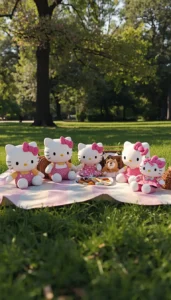 hello-kitty-and-friends-wallpaper showing Hello Kitty plush toys having a picnic on a blanket in a sunny green park