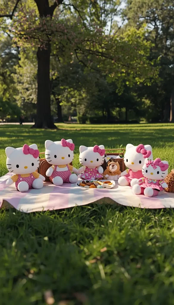 hello-kitty-and-friends-wallpaper showing Hello Kitty plush toys having a picnic on a blanket in a sunny green park