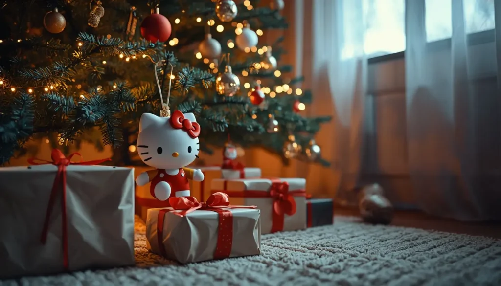 hello-kitty-christmas-wallpaper showing Hello Kitty ornament on a decorated tree above wrapped gifts with warm festive lights