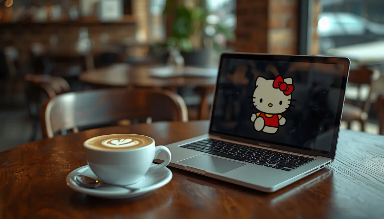 hello-kitty-laptop-wallpaper showing a laptop with Hello Kitty on screen beside a coffee cup in a cozy café environment