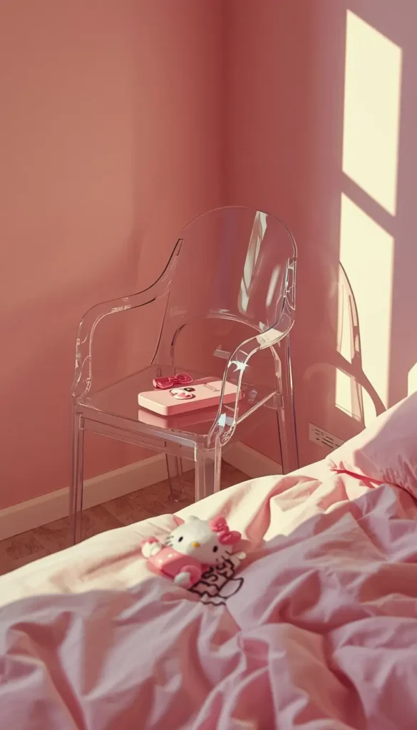 hello-kitty-wallpaper-aesthetic showing a pink sunlit bedroom with Hello Kitty plush on soft bedding and a transparent chair nearby