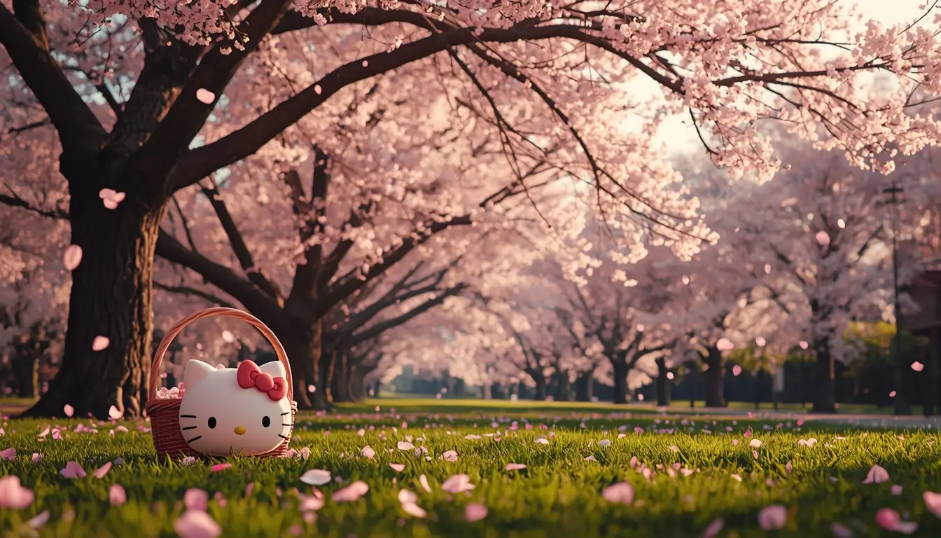 hello-kitty-wallpaper-aesthetic with Hello Kitty in a basket under pink cherry blossom trees in a sunny spring park scene