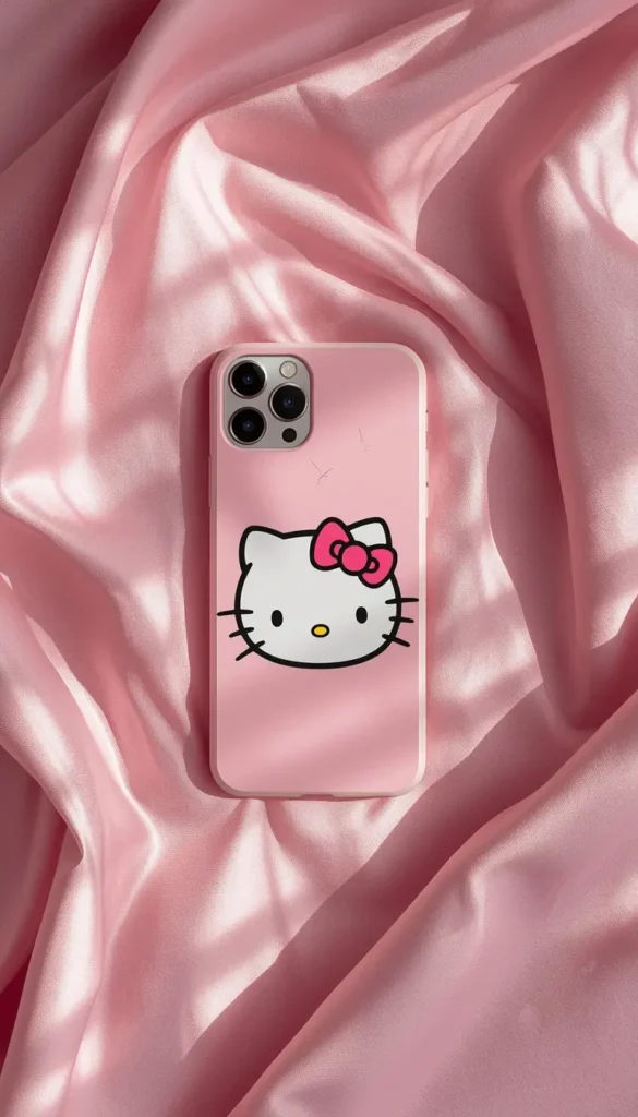hello-kitty-wallpaper-for-phone showing a pink Hello Kitty phone case on silky satin fabric background with soft elegant lighting