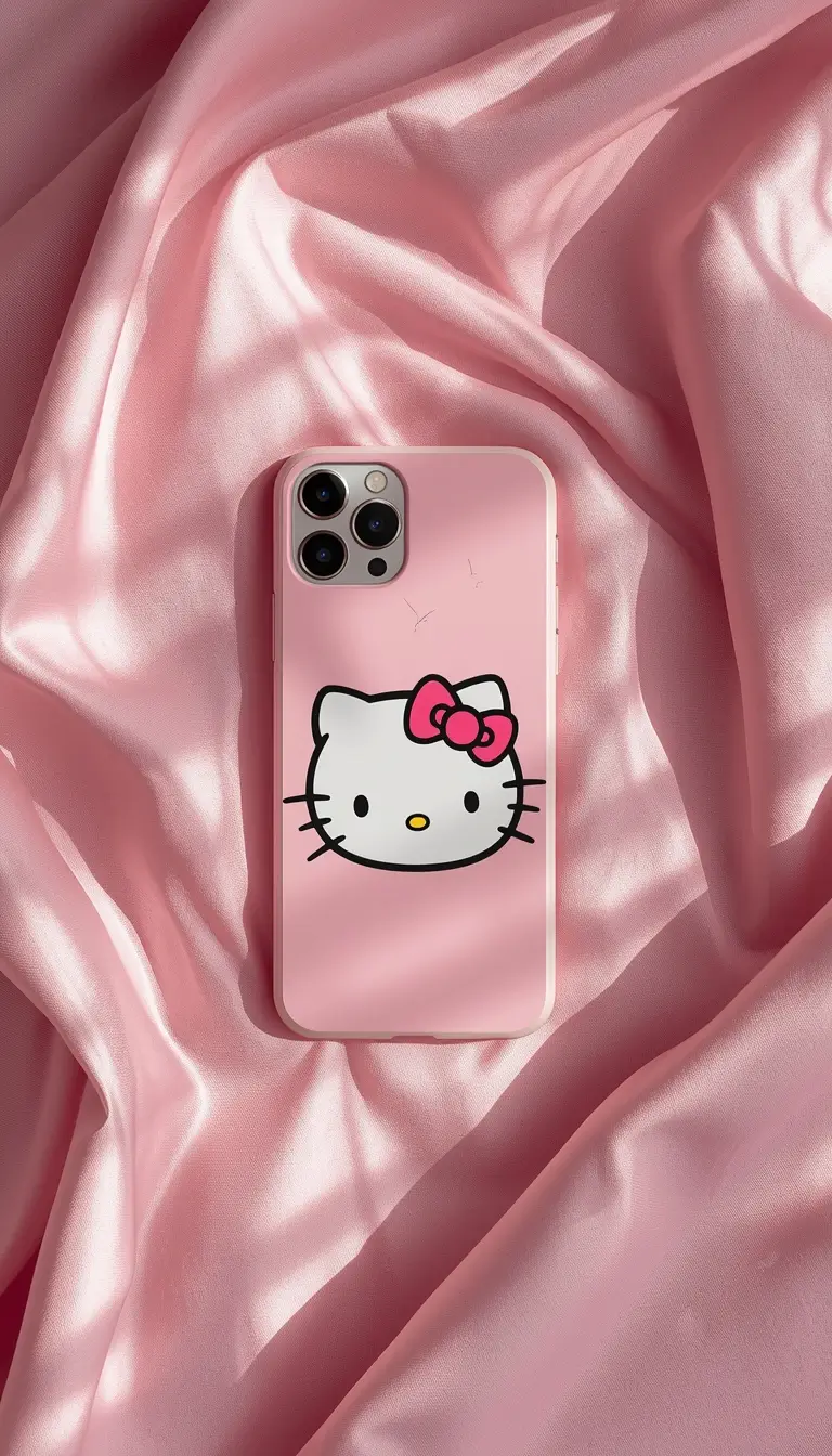 hello-kitty-wallpaper-for-phone showing a pink Hello Kitty phone case on silky satin fabric background with soft elegant lighting
