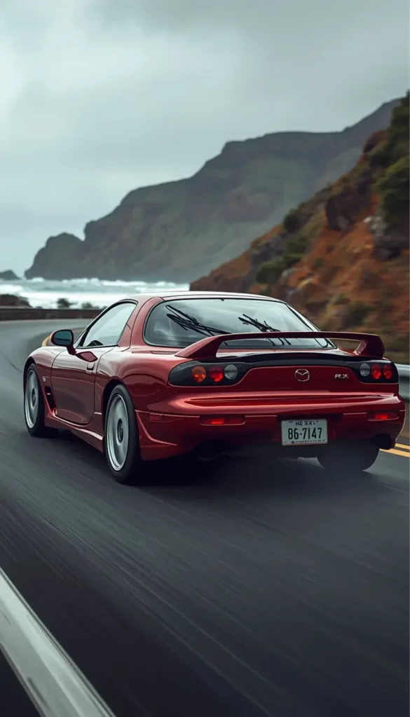 iphone-car-wallpaper red sports coupe driving on coastal road with ocean cliffs and motion blur background