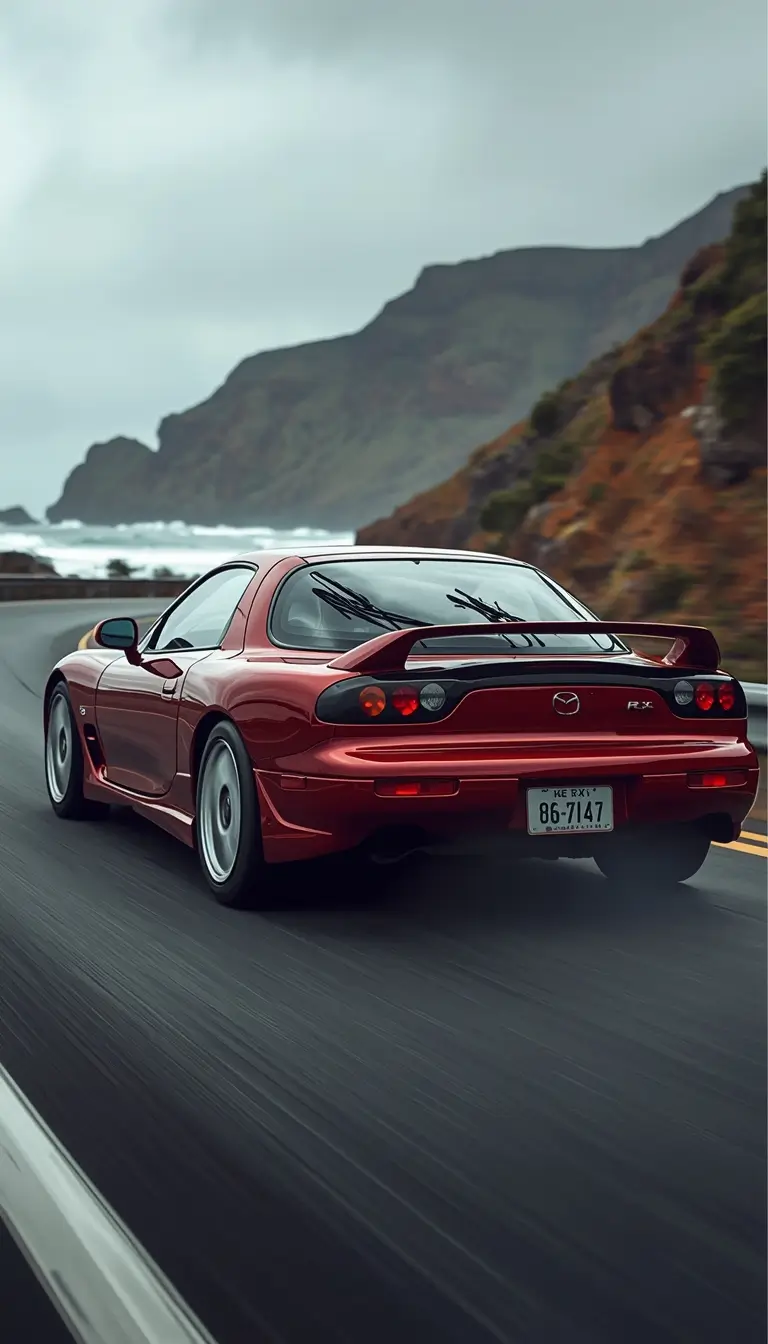 iphone-car-wallpaper red sports coupe driving on coastal road with ocean cliffs and motion blur background