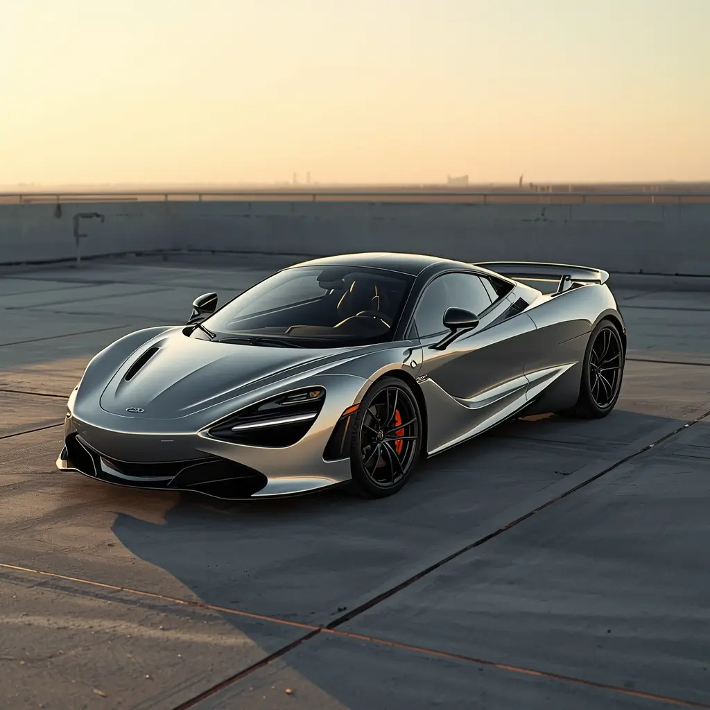 iphone-car-wallpaper silver supercar on rooftop at sunset with cinematic lighting and clean modern background
