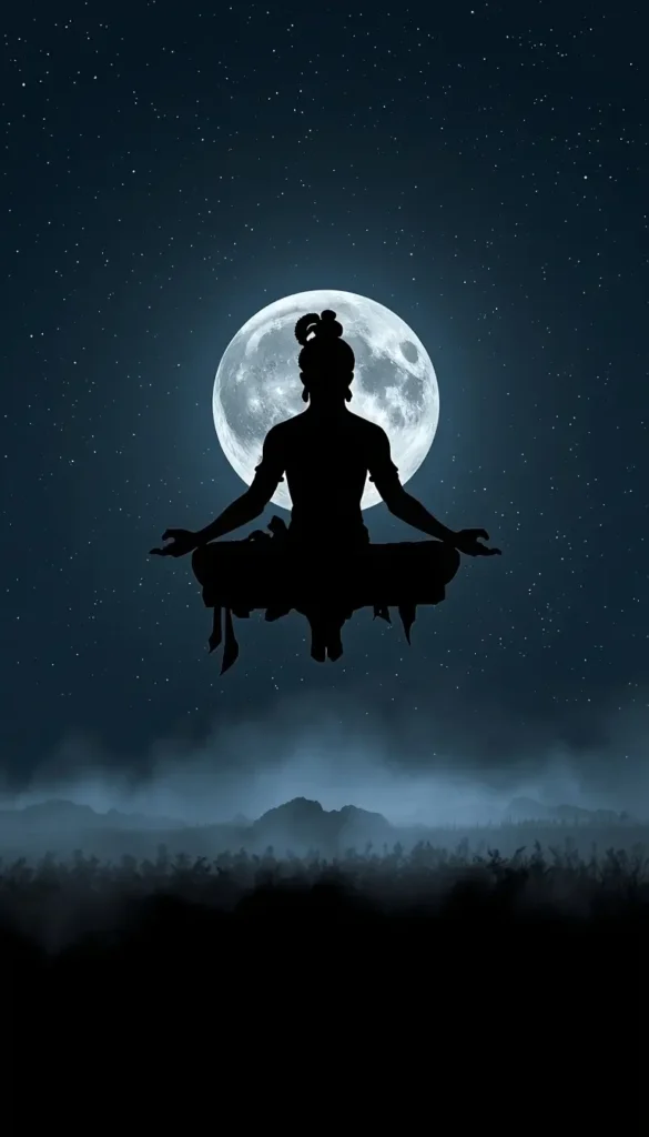 krishna-wallpaper silhouette of meditating Krishna floating before full moon with stars and misty landscape at night