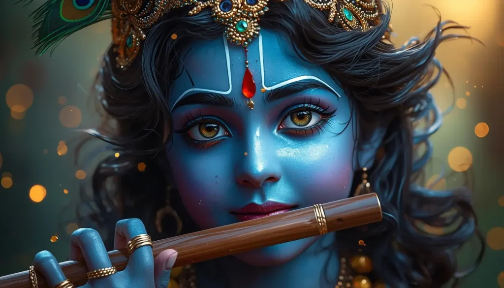 Close-up lord krishna with flute peacock feather crown blue skin divine krishna-wallpaper spiritual hd portrait art