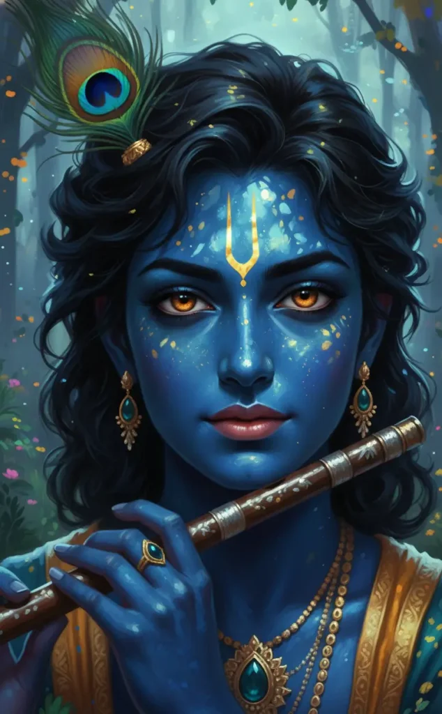 Lord Krishna blue skin portrait holding flute with peacock feather forest background divine lord-krishna-wallpaper hd art