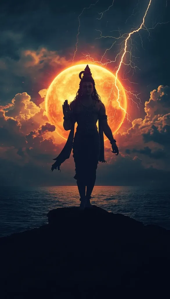 lord-shri-krishna-wallpaper silhouette of Sri Krishna with glowing moon halo and lightning sky over the ocean
