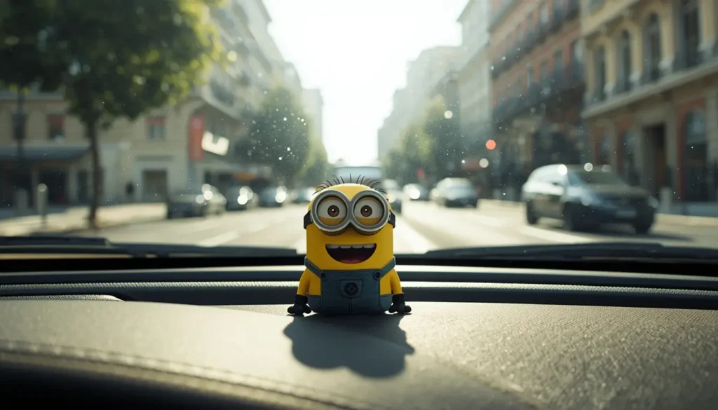 Minion desktop wallpaper showing a cute Minion sitting on a car dashboard with a sunny city street and traffic blurred behind.
