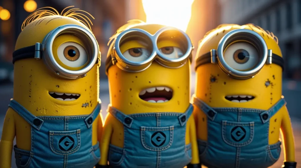 Funny minion-wallpaper of three Minions standing in a glowing city street, ideal as minions desktop wallpaper for computer