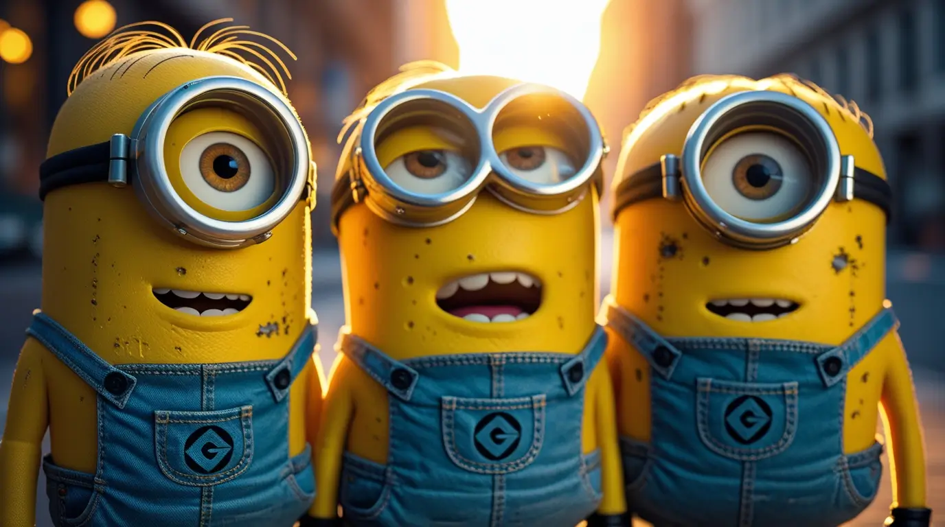 Funny minion-wallpaper of three Minions standing in a glowing city street, ideal as minions desktop wallpaper for computer