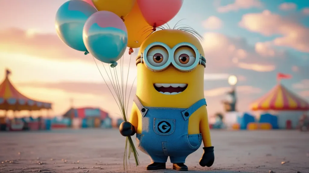 Minion-wallpaper of a happy Minion holding colorful balloons at a fairground, great as minions desktop wallpaper for computer
