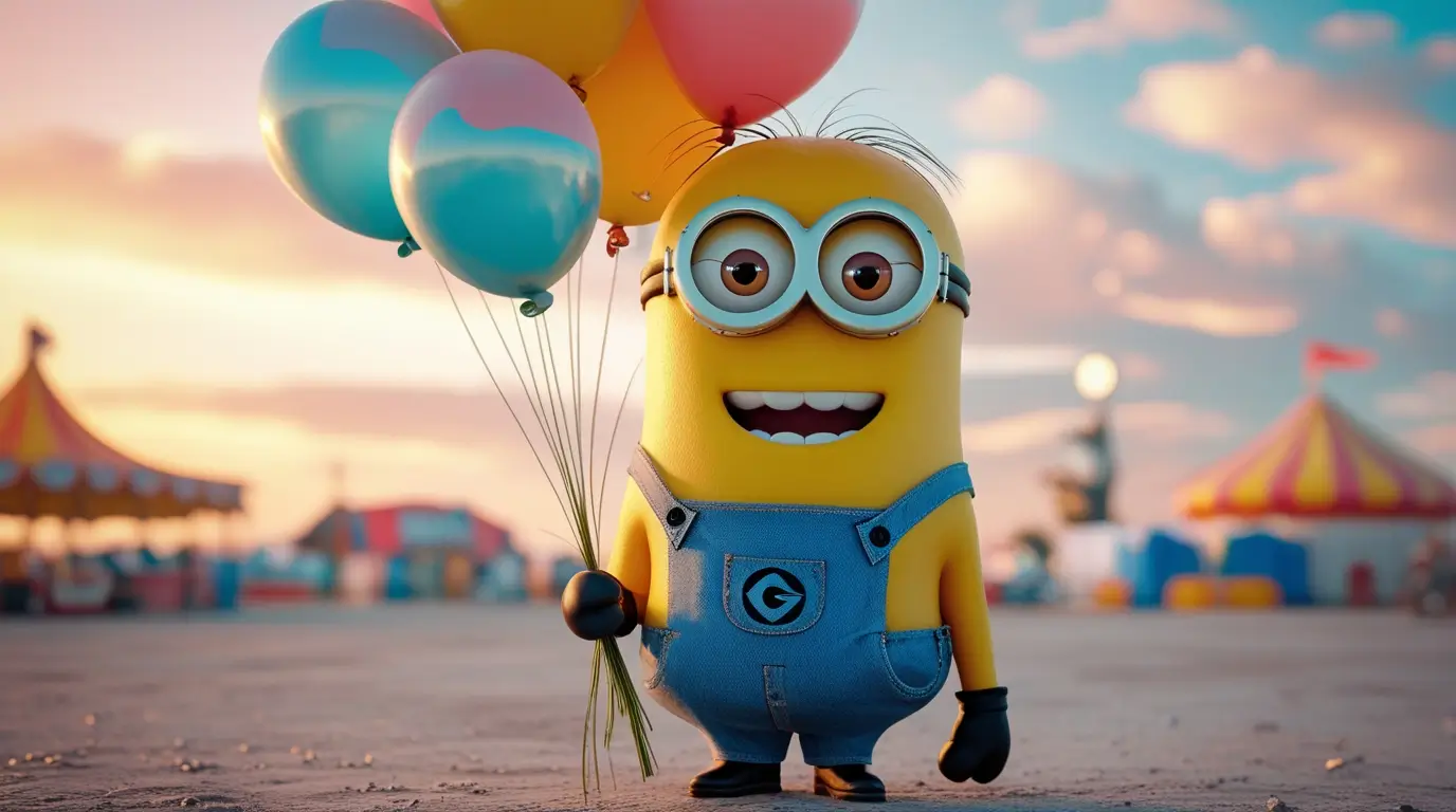 Minion-wallpaper of a happy Minion holding colorful balloons at a fairground, great as minions desktop wallpaper for computer