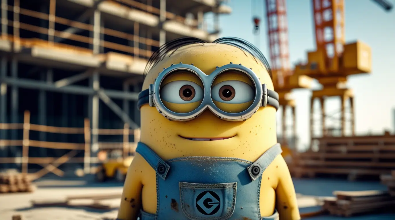 Minion-wallpaper of a Minion at a construction site with cranes and scaffolding, great as minions desktop wallpaper for computer