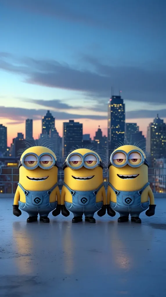 Minion-wallpaper of three Minions on a rooftop with city skyline at sunset, great as minions desktop wallpaper for computer