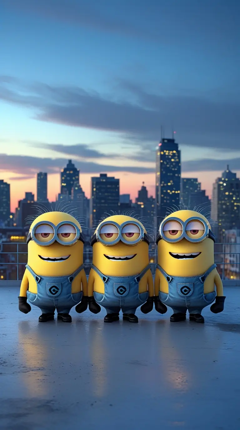 Minion-wallpaper of three Minions on a rooftop with city skyline at sunset, great as minions desktop wallpaper for computer