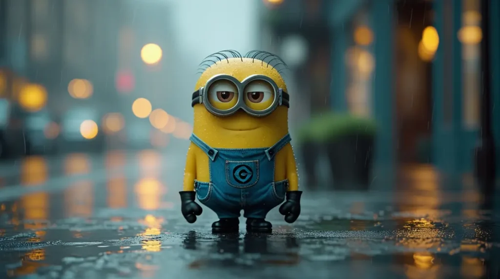 Minion-wallpaper of a single Minion standing on a rainy city street at night, ideal as minions desktop wallpaper for computer