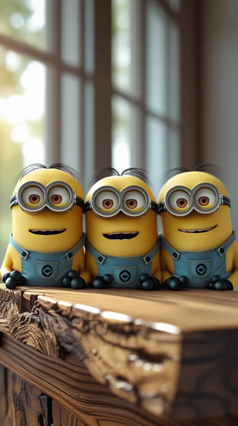 Minion-wallpaper of three Minions sitting on a wooden table by a bright window, perfect as minions desktop wallpaper for computer