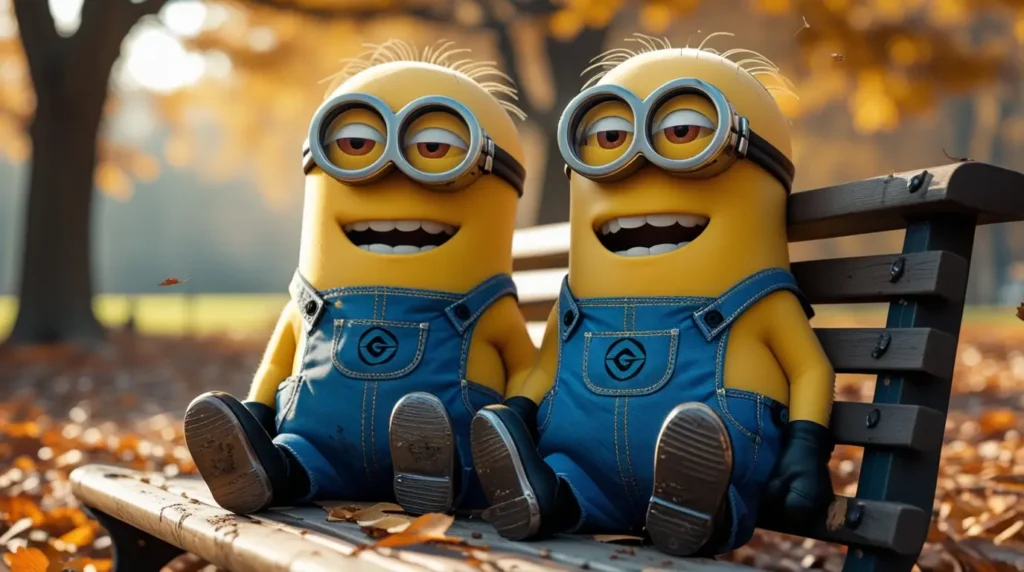 Minion-wallpaper of two Minions sitting on a park bench with autumn leaves, great as minions desktop wallpaper for computer