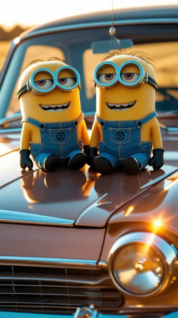 Cute minion-wallpaper of two Minions sitting on a vintage car hood at sunset, perfect minions desktop wallpaper for computer
