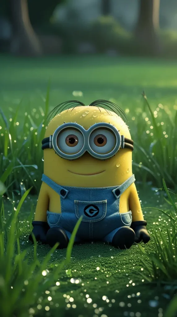 Minion-wallpaper of a cute Minion sitting in dewy green grass outdoors, ideal as minions desktop wallpaper for computer