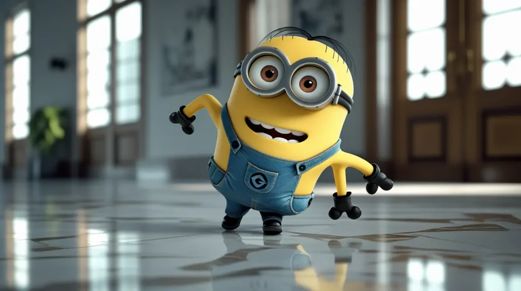 Minion-wallpaper of a happy Minion dancing on a shiny indoor floor, perfect as minions desktop wallpaper for computer