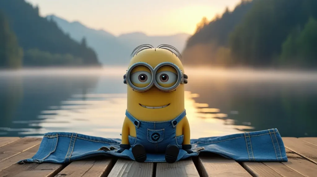 Minion-wallpaper of a cute Minion sitting on a dock by a calm lake at sunrise, ideal as minions desktop wallpaper for computer