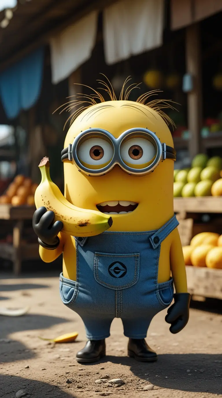 Minion-wallpaper of a Minion holding a banana in a busy fruit market, perfect as minions desktop wallpaper for computer