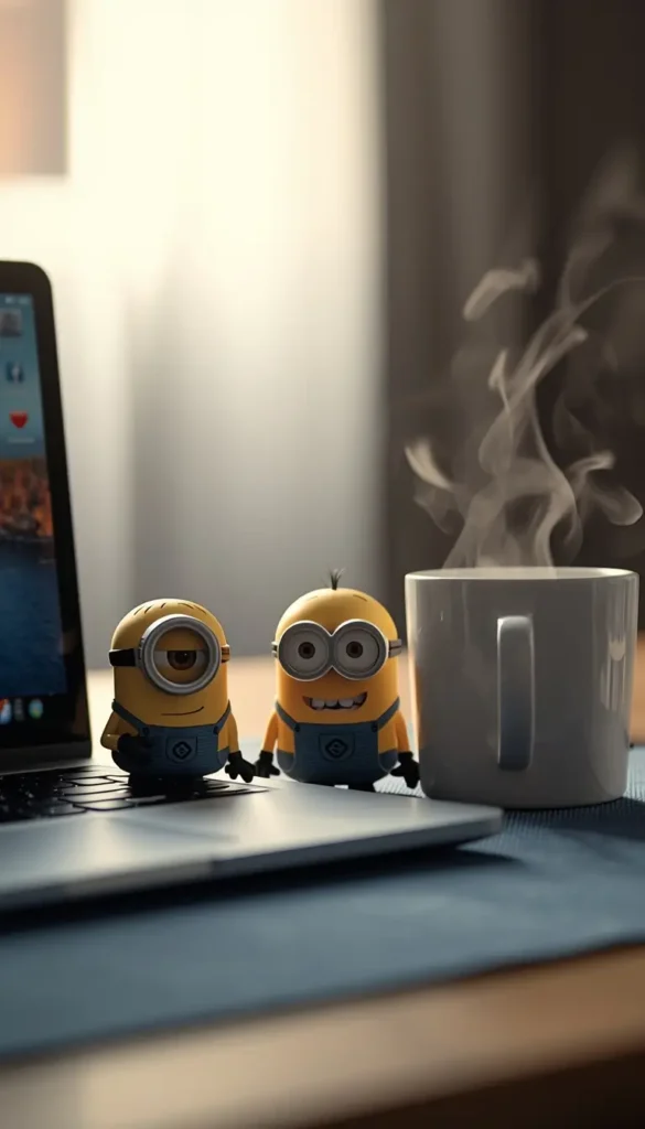 Minion wallpaper for computer showing two cute Minions beside a laptop and a steaming coffee mug on a cozy desk workspace.