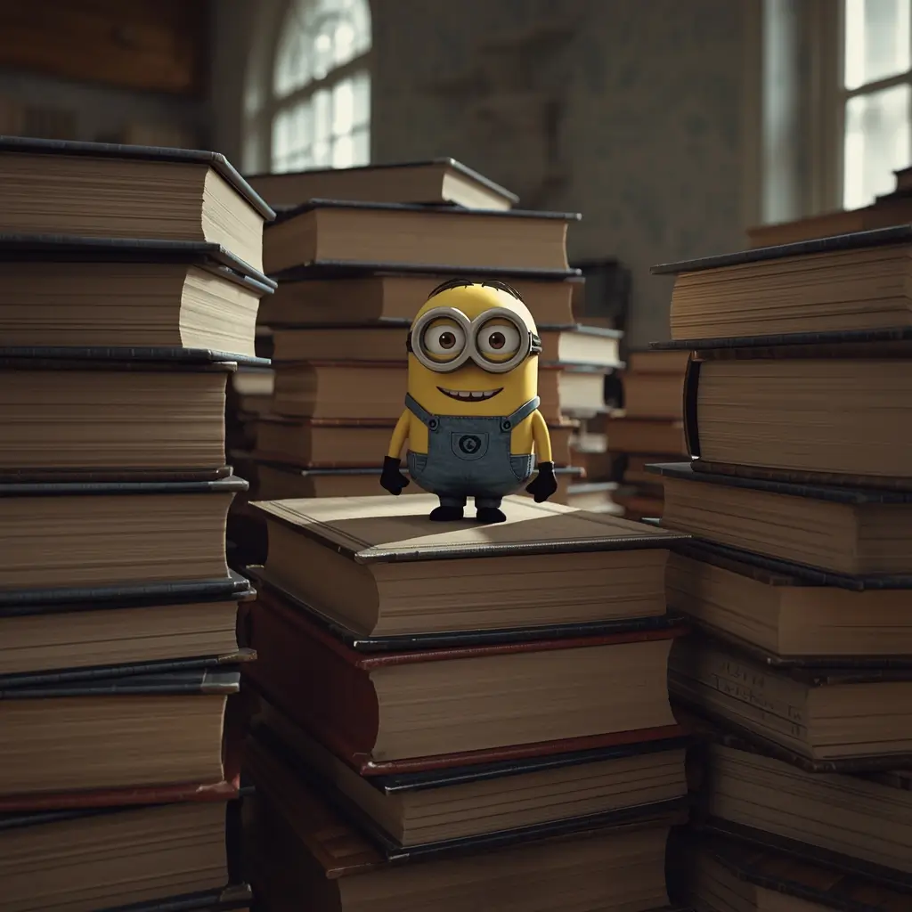 Minion wallpaper for computer showing a cute Minion standing on stacked books in a warm library with shelves in the background.