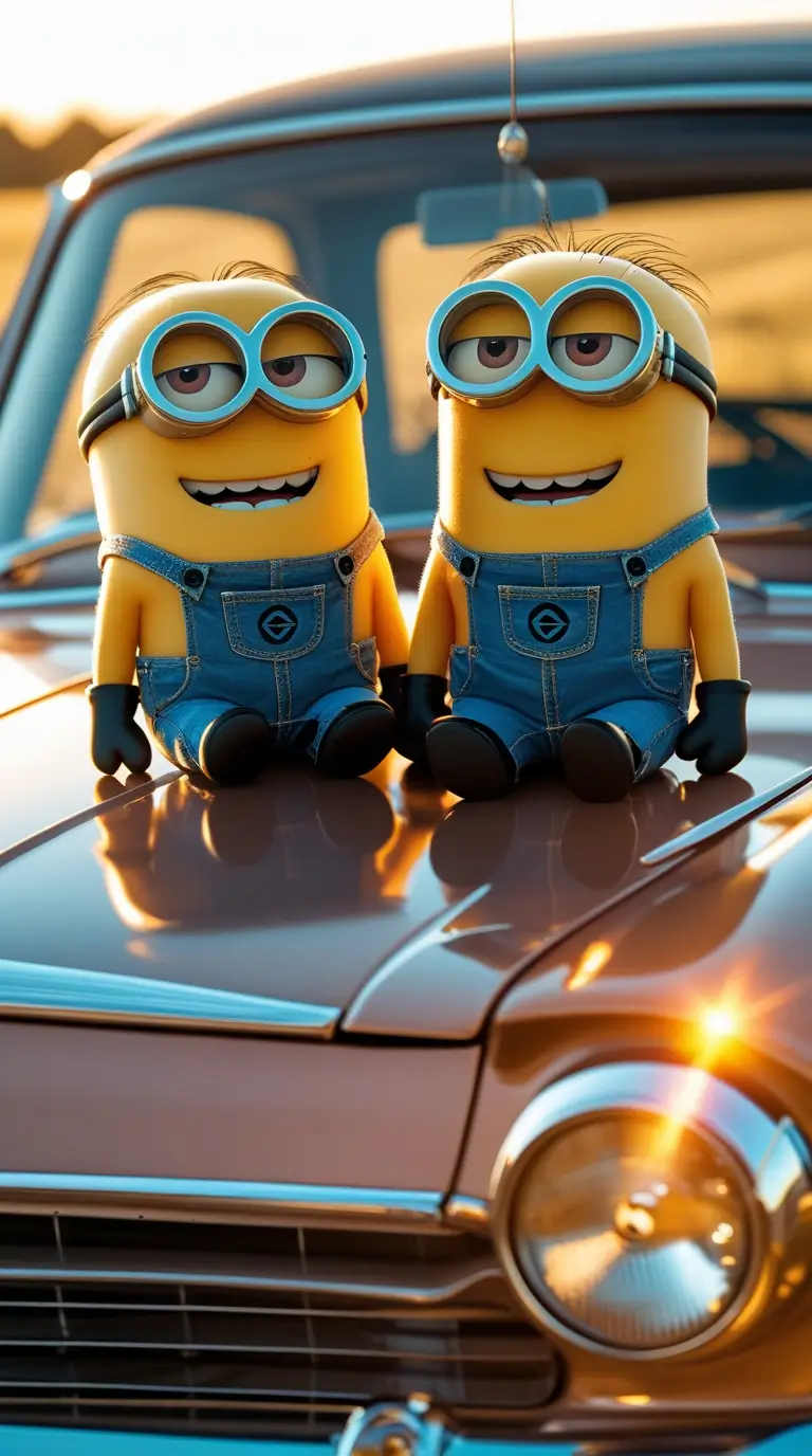 Cute minion-wallpaper of two Minions sitting on a vintage car hood at sunset, perfect minions desktop wallpaper for computer